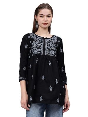 Seva Chikan Hand Embroidered Lucknowi Chikankari Black Cotton A-line Short Top & Tunic for Women