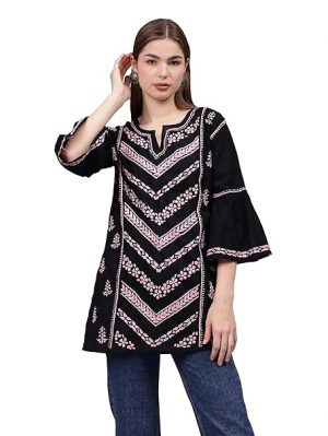 Seva Chikan Hand Embroidered Lucknowi Chikankari Black Cotton Straight Top & Tunic for Women