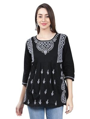 Seva Chikan Hand Embroidered Lucknowi Chikankari Cotton A-Line Short Top Tunic for Women
