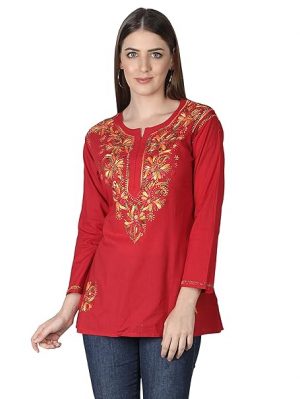 Seva Chikan Hand Embroidered Lucknowi Chikankari Cotton Short Kurti Tunic Top for Women