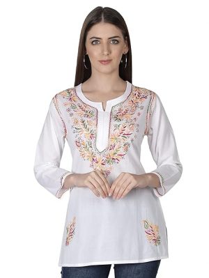 Seva Chikan Hand Embroidered Lucknowi Chikankari Cotton Short Kurti Tunic Top for Women