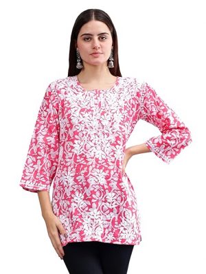 Seva Chikan Hand Embroidered Lucknowi Chikankari Cotton Women's Printed Short Top Tunic