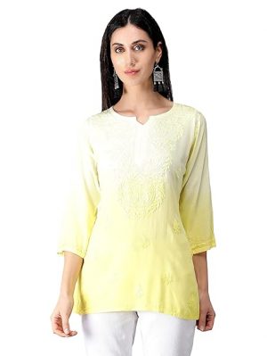 Seva Chikan Hand Embroidered Lucknowi Chikankari Double Shaded Cotton Blend Short Top Tunic for Women