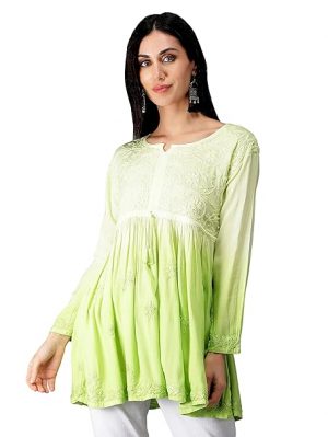 Seva Chikan Hand Embroidered Lucknowi Chikankari Double Shaded Cotton Blend Short A-line Top Tunic for Women