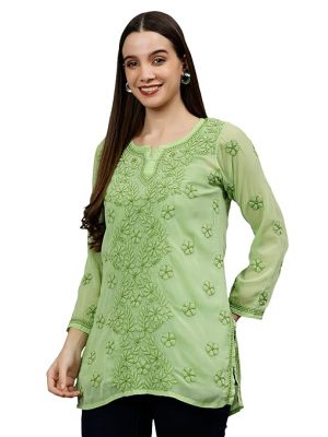 Seva Chikan Hand Embroidered Lucknowi Chikankari Georgette Short Top Tunic with Matching Inner Slip for Womens