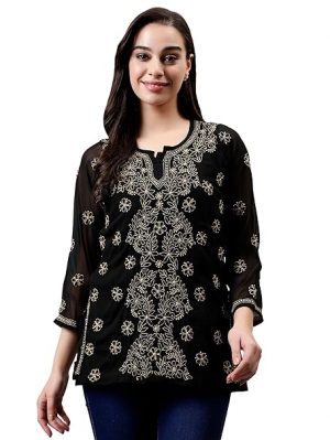 Seva Chikan Hand Embroidered Lucknowi Chikankari Georgette Women's Short Top Tunic with Slip
