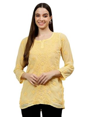 Seva Chikan Hand Embroidered Lucknowi Chikankari Georgette Women's Short Top Tunic with Slip