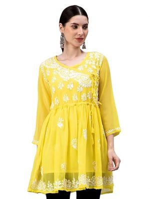 Seva Chikan Hand Embroidered Lucknowi Chikankari Georgette Women's Top with Inner Slip
