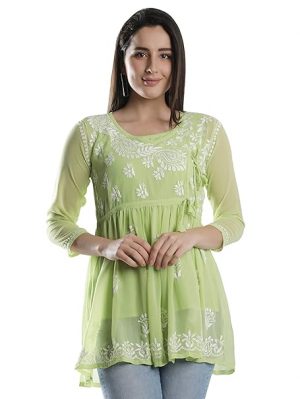 Seva Chikan Hand Embroidered Lucknowi Chikankari Georgette Women's Top with Inner Slip