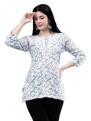Seva Chikan Hand Embroidered Lucknowi Chikankari Printed Mal Mal Short Top for Women