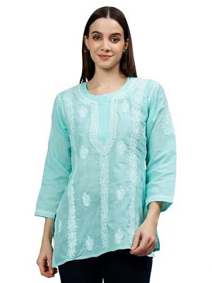 Seva Chikan Hand Embroidered Lucknowi Chikankari Terivoil Cotton Women's Short Top Tunic