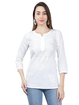 Seva Chikan Hand Embroidered Lucknowi Chikankari White Cotton Short Top Tunic for Women