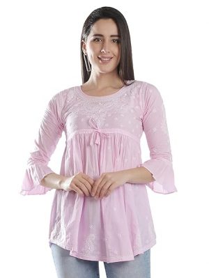 Seva Chikan Hand Embroidered Pista Green Cotton Lucknowi Chikankari Women's Tunic Top