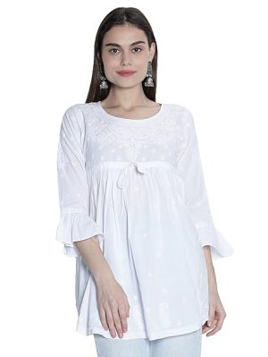 Seva Chikan Hand Embroidered Pista Green Cotton Lucknowi Chikankari Women's Tunic Top