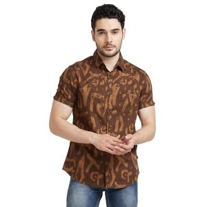 Spykar Men Brown Cotton Slim Fit Half Sleeve Printed Shirt