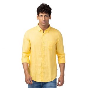 Spykar Peach Full Sleeves Linen Shirt for Men