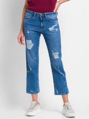 Spykar Women Blue Straight Fit Mildly Distressed Light Fade Jeans