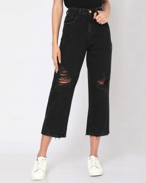 Spykar Women Lightly Washed Mid-Distress Straight Fit Jeans