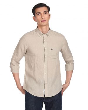 U.S. Polo Assn.Men Beige Linen Tailored Fit Casual Shirt