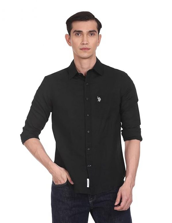 U.S. POLO ASSN. Men's Solid Cotton Linen Tailored Fit Spread Collar Casual Shirt
