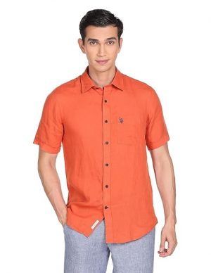 U.S. POLO ASSN. Men's Solid Linen Tailored Fit Button Down Half Sleeve Casual Shirt