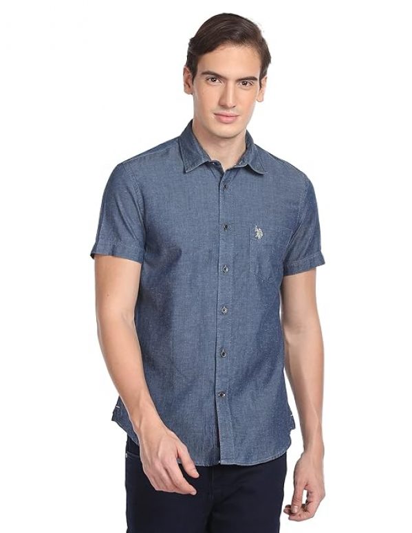 U.S. POLO ASSN. Men's Solid Regular Fit Short Sleeve Washed Denim Shirt