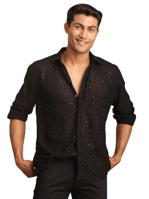 Vastramay Men Men's Black Georgette Ethnic Shirt