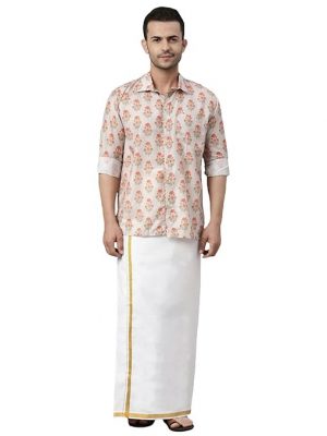 Vastramay Men's -Base- Muslin Blend Regular Fit Shirt And Mundu_Vasmsh