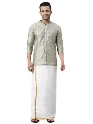Vastramay Men's Beige Silk Blend Ethnic Shirt And Mundu