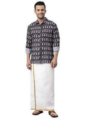 Vastramay Men's Black Cotton Blend Ethnic Shirt And Mundu Set