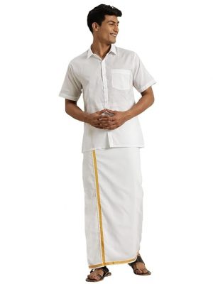 Vastramay Men’s Cotton Half Sleeve Shirt and South Indian Mundu Set, South Indian Style