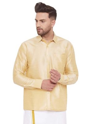 Vastramay Men's Green Silk Blend Ethnic Shirt | Full Sleeves South Indian Traditional Shirt | Festive, Wedding, Casual Wear