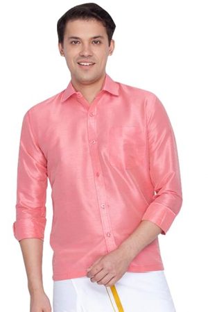 Vastramay Men's Green Silk Blend Ethnic Shirt | Full Sleeves South Indian Traditional Shirt