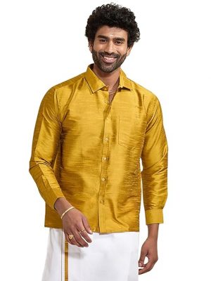 Vastramay Men's Green Silk Blend Ethnic Shirt | Full Sleeves South Indian Traditional Shirt | Festive, Wedding, Casual Wear