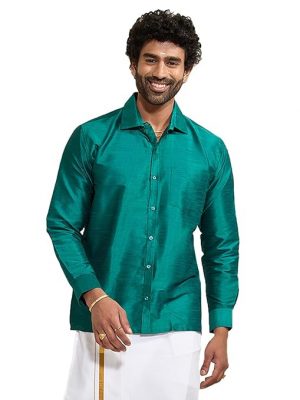 Vastramay Men's Green Silk Blend Ethnic Shirt | Full Sleeves South Indian Traditional Shirt