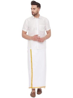 Vastramay MMen's Black Silk Blend Shirt And Mundu