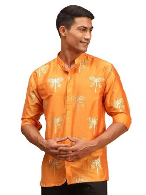 VASTRAMAY Solid Regular Fit Men's Orange Viscose Ethnic Shirt